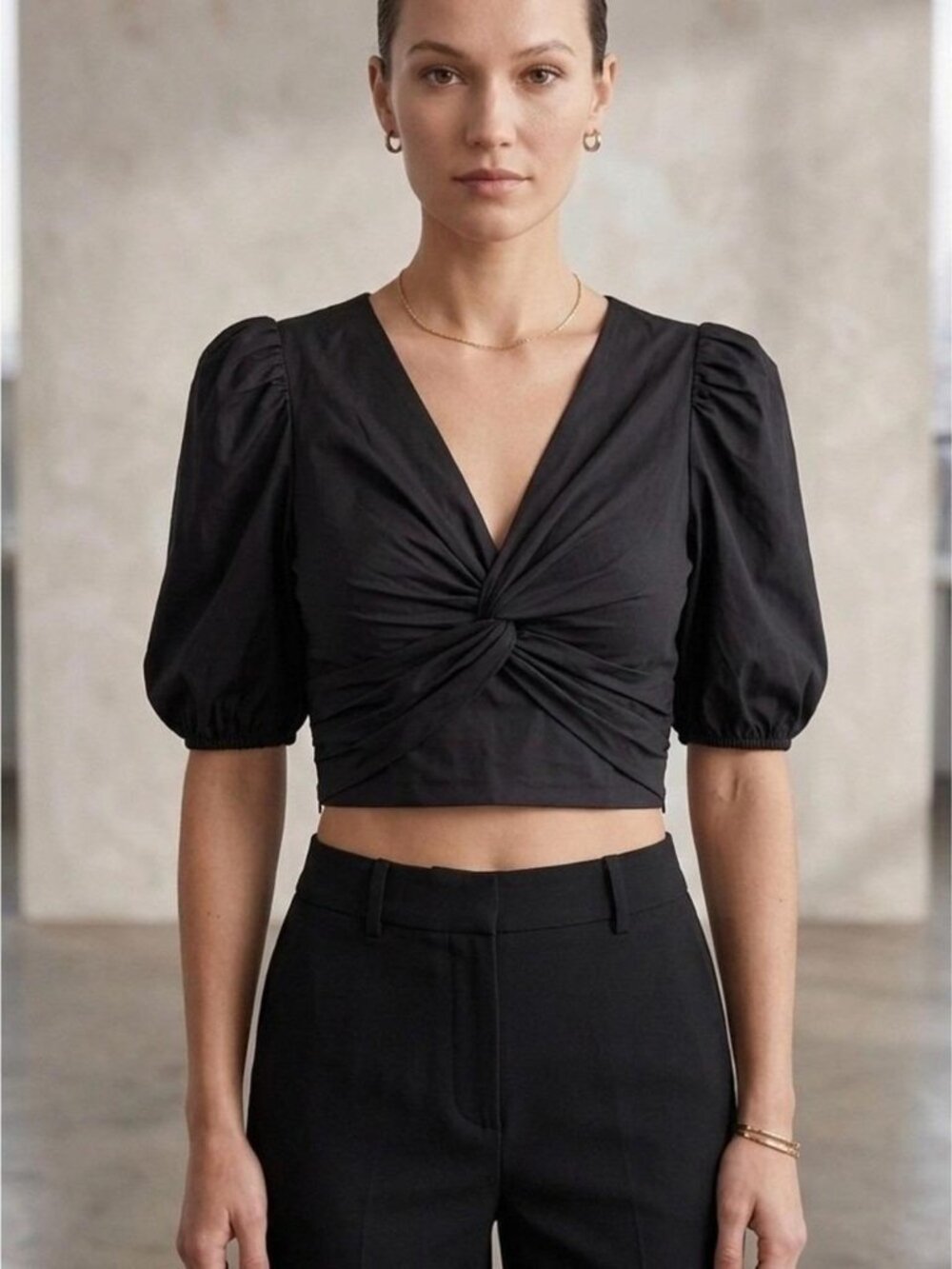 Jason Wu Black Twist Front Puff Sleeve Crop Cotton Top Sz M $190